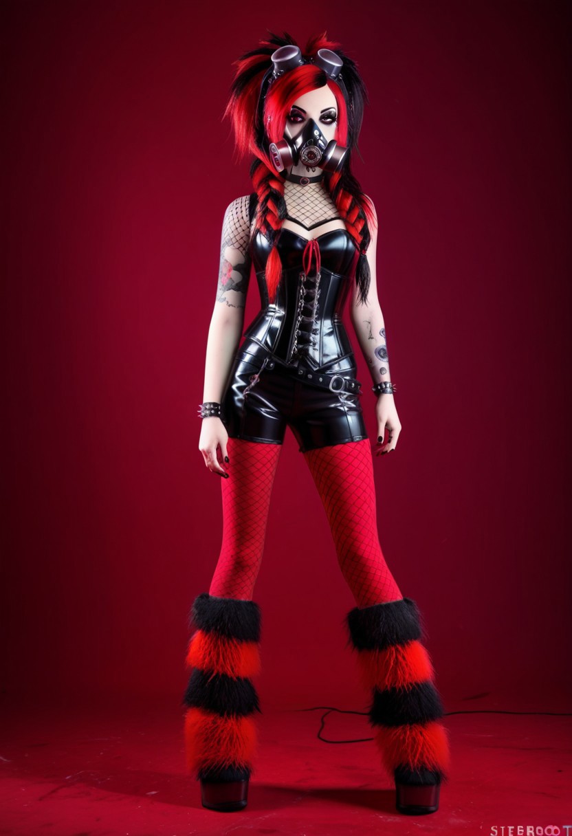 cibergoth girl, 1girl, solo, cibergoth clothes, cibergoth hair, red hair, gas mask, neon red colors, ciberpunk, cibergoth atmosphere, full body,  lots of strips in hair, lots of braids in hair, red fuzzy leg warmers, fishnet stockings, fishnet clothes, black corset