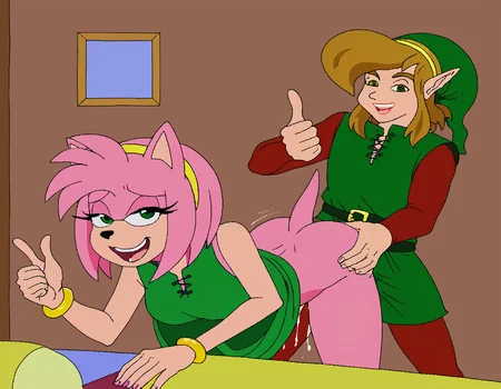 jaggy lines, flat shading, flat color, 1girl, 1boy, indoors, link_\(the legend of zelda\), brown hair, green hat, amy rose, thumbs up, bent over, sex, vaginal <lora:cdiStyleSDXL:1>