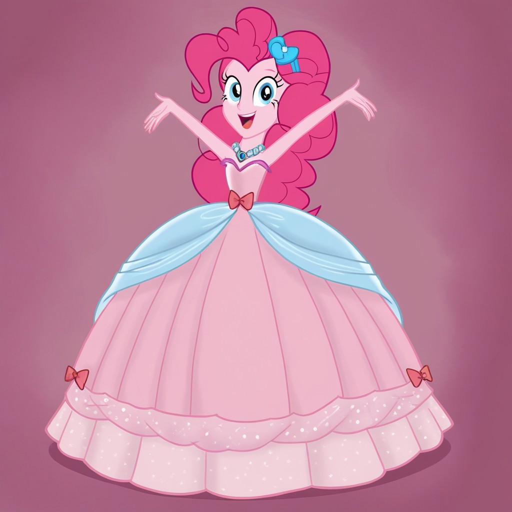 pinkie pie, solo, 1 girl, blunt bangs, Blue eyes, long hair, makeup, pink hairband, Very long large straight tulle pink princess ball gown hoop skirt, ball gown hoop skirt, pink princess dress, hoopdress, my big princess gypsy wedding dress, ballgown, a girl in a dress posing for a picture, wearing a sleeveless ballgown, looking at viewer and smiling, blowing kisses