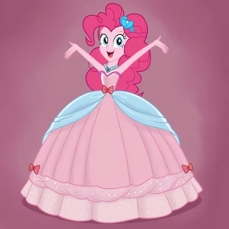 pinkie pie, solo, 1 girl, blunt bangs, Blue eyes, long hair, makeup, pink hairband, Very long large straight tulle pink princess ball gown hoop skirt, ball gown hoop skirt, pink princess dress, hoopdress, my big princess gypsy wedding dress, ballgown, a girl in a dress posing for a picture, wearing a sleeveless ballgown, looking at viewer and smiling, blowing kisses