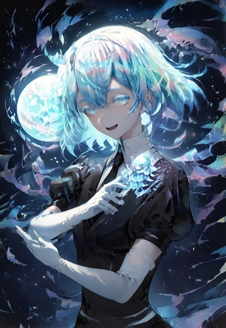 zPDXL2, score_9_up, score_8_up, score_7_up, (Anime_source), high detail face, best quality, absurd res, 1girl, upper body, zeroElie hskdmnd, blue eyes, white skin, crystal hair, smile, open mouth, colored eyelashes, multicolored hair, short hair
black shirt, puffy short sleeves, collared shirt, black necktie, elbow gloves, white gloves, black shorts, white thighhighs, black footwear, magic ball, floating, planets, ice theme, particles, cowboy shot, looking at viewer
