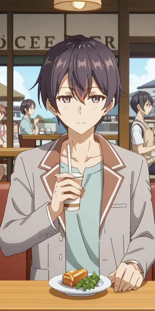 <lora:Masachika_Kuze_from_Alya_sometimes_hides_her_feelings_in_russian:1>, MasachikaKuze, anime style, summer, cafe,