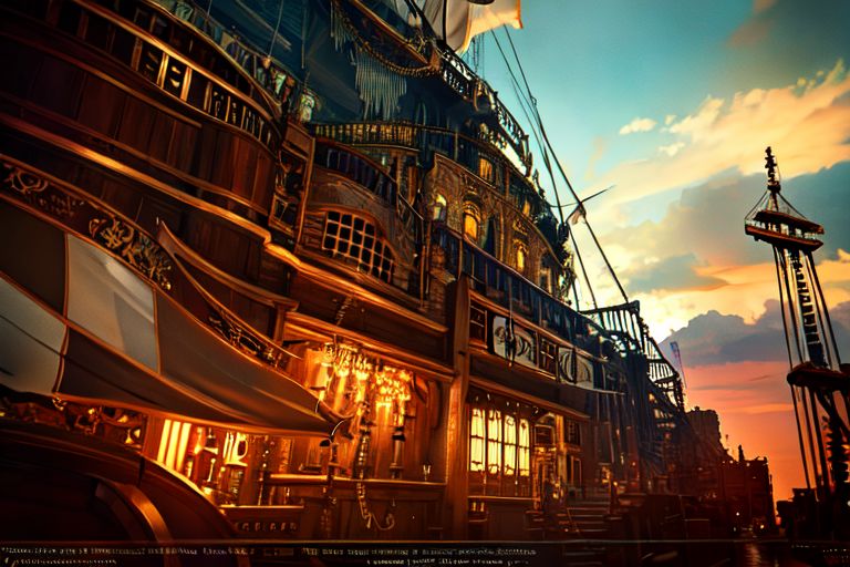 Flying pirate ship PiRe in steampunk style. There is a large robotic dragon head on the front of the ship. mechanic, android, realistic,  highly detailed technical, beautiful, gorgeous, dramatic lighting, golden ratio, Intricate details, 8K, ultra realistic, photography, RTX, light mode, octane render, morbide, HDR, trending on artstation,
