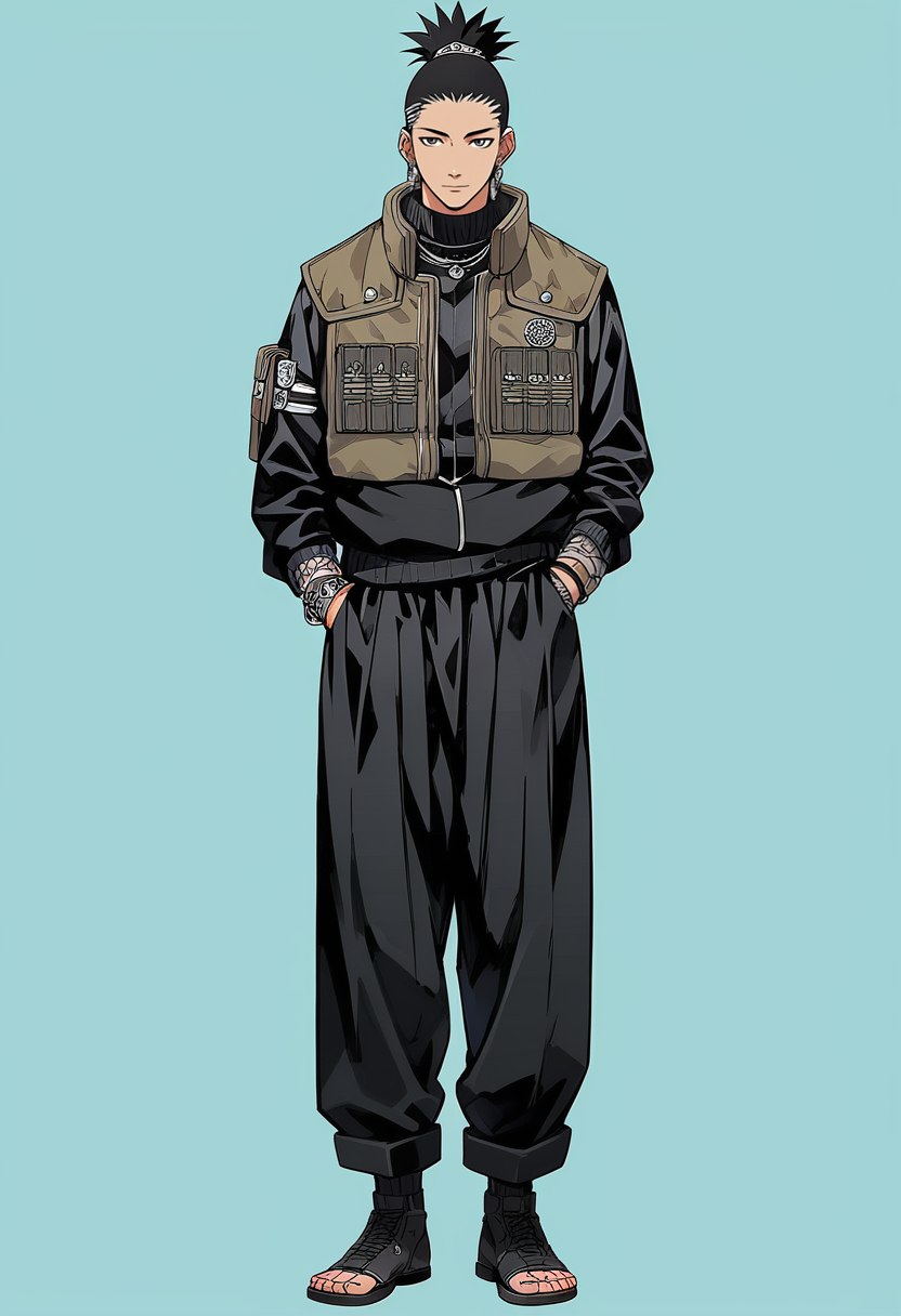 score_9,score_8_up,score_7_up,score_6_up,masterpiece, full body, 1boy, Shikamaru as a konoha shinobi, fashion icon,  ikebana blue theme, Digg, Dungeons and Dragons Art Style by Tom Lovell as a Kintsugi, Artstyle by Monatoke-C9C
<lora:Shikamaru:0.8> <lora:add-detail-xl:1>