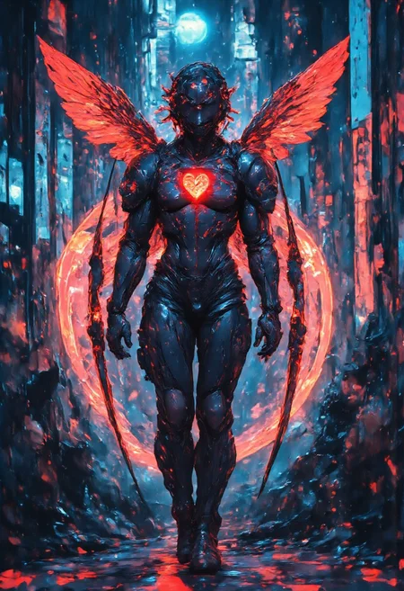 a cute cyberpunk cupid with robotic wings with holographic, high-tech bow and arrows, glowing neon hearts