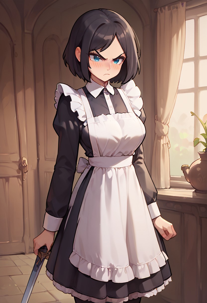 score_9, score_8_up, score_7_up, cel shading, fca style, score_9, score_8_up, score_7_up, score_6_up, score_5_up, score_4_up, masterpiece, good quality, best quality, 2d, anime, Repanse, black hair, l0ngm41d, long sleeves, bow, apron, maid, frilled apron, large breasts, sword, indoors, solo, blush, angry 
<lora:RepansedeLyonesse_Vpred:0.8> zPDXL3,c4toony style,