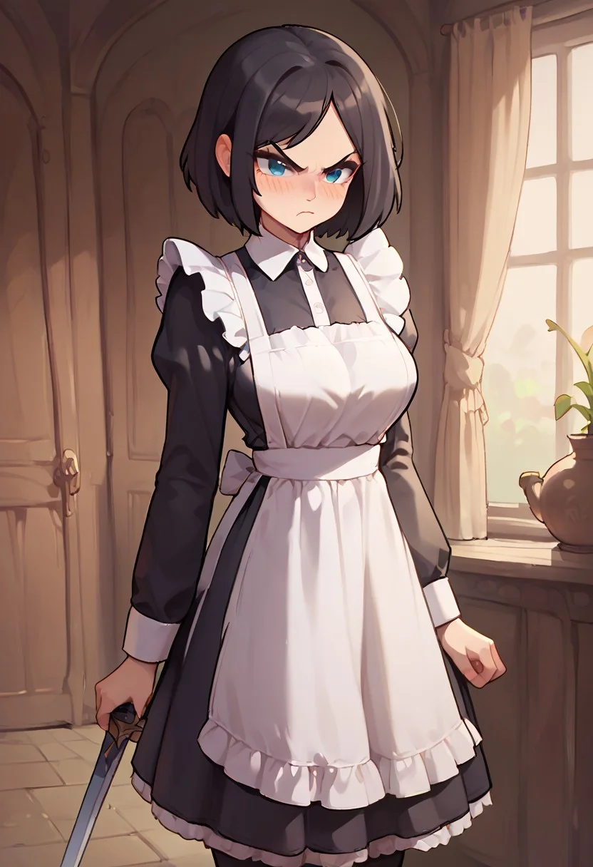 score_9, score_8_up, score_7_up, cel shading, fca style, score_9, score_8_up, score_7_up, score_6_up, score_5_up, score_4_up, masterpiece, good quality, best quality, 2d, anime, Repanse, black hair, l0ngm41d, long sleeves, bow, apron, maid, frilled apron, large breasts, sword, indoors, solo, blush, angry
<lora:RepansedeLyonesse_Vpred:0.8> zPDXL3,c4toony style,