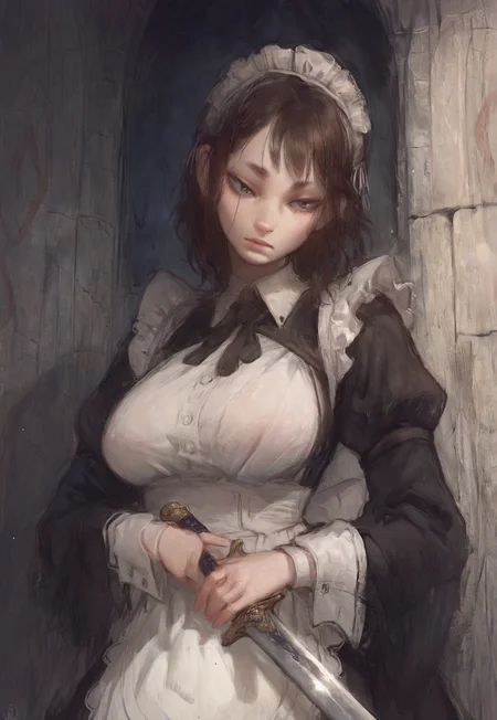 score_9, score_8_up, score_7_up, score_6_up, score_5_up, score_4_up, 1girl, large breasts, medium hair, brown hair, castle, maid, maid headdress, bangs head tilt, holding sword,
<lora:Nat_The_Lich:1>