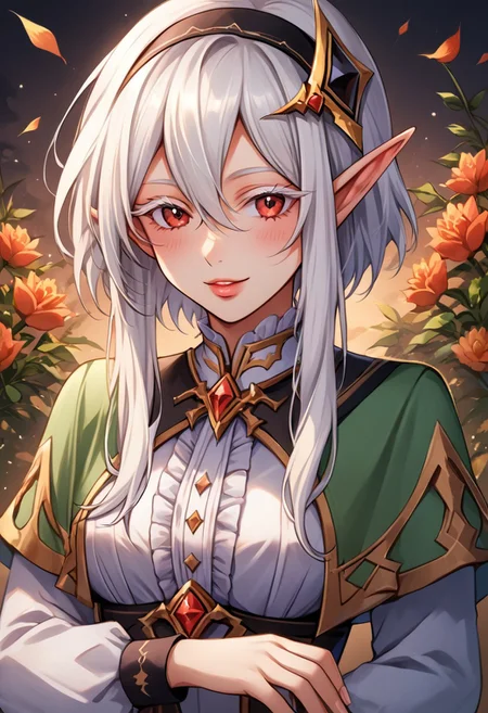 score_9, score_8_up, score_7_up, score_6_up, score_5_up, score_4_up, detailed, intricate details, source_anime, (1_girl, solo focus),  zerida-dark, 1girl, solo, short hair, sidelocks, breasts, parted lips, bangs, large breasts, hair ornament, red eyes, , White Eyelashes, , hair between eyes, , White Hair, , pointy ears, elf, Eyelashes, Colored Eyelashes, White colored eyelashes, Colored Eyebrows,  short hair with long locks around neck ,  black hairband, hair ornament, brown capelet, frilled collar, white shirt, long sleeves, green skirt, gradient thighhighs, smile, outdoors, blush, waving at viewer, <lora:ChamFireflyPonyXL:1>
, <lora:add-detail-xl:1.0> ,(((feminine bodies))),(((perfect anatomy))), (((correct arms))), (((correct hands))), detailed eyes、detailed face and detailed skin