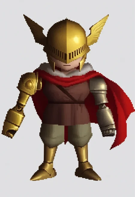 score_9, score_7_up BREAK ffviichibis, chibi, standing, full body, white background,MaleniaDef, red hair, covered eyes, helmet, fur trim, brown dress, red cape, armor, single scar on arm, single mechanical arm, mechanical leg <lora:Malenia_pdxl_Incrs_v2:0.7> <lora:zs_FFVIIChibisXL_1:1.2>