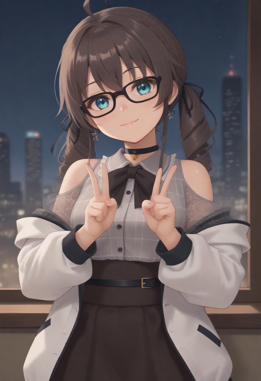 1girl, solo, solo focus, highres, absurdres, MatsuriMineGirl, brown hair, bangs, grey shirt, ahoge, twintails, black ribbon, black choker, hair between eyes, hair ribbon, brown skirt, shoulder cutout, collared shirt, flower earrings, black bowtie, blue eyes, white jacket, see-through sleeves, lace sleeves, plaid shirt, high-waist skirt, puffy short sleeves, medium hair, open jacket, small breasts, long sleeves, drill hair, black-framed eyewear, braid,
looking at viewer, evil smile, closed mouth, head tilt, double v,
indoor, cityscape, neon lights, window, dark, night, night sky, 
light particles, backlighting, shade, light rays, lens flare, shiny skin, fine fabric emphasis,