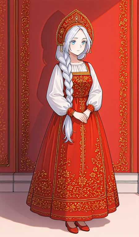(masterpiece), (best quality), (ultra-detailed), (best illustration), (best shadow), (absurdres), (very aesthetic), 1girl, solo, <lora:Dahlia-éä¸:1>, dahlia-emp, silver hair, azure eyes, long hair, single braid, <lora:Russian_national_dress_r1:1>, White shirt, sarafan, kokoshnik_headdress, rusdress