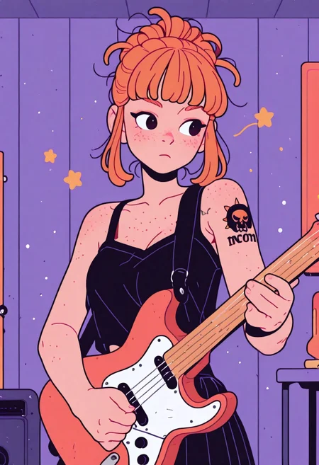 flat_colors, Flatline, Flat vector illustration,
dynamic pose,

1girl, solo,
guitar,
music,
freckles,
ginger hair, punk hairstyle,
shoulder tattoo,

inside,
music concert,
incoth, (incase:0.6), artist:moriimee,