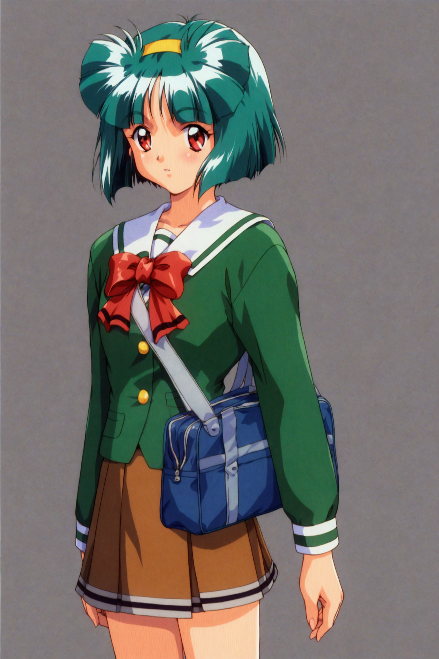 score_9,score_8_up,score_7_up,masterpiece,best quality,
Sakura Kaedeko,1girl,solo,skirt,school uniform,long sleeves,hairband,red eyes,standing,school bag,simple background,short hair,red bow,green hair,retro artstyle,1990s \(style\),green shirt,brown skirt,
<lora:Tokimeki Memorial 2_XL_PONY:0.9>,