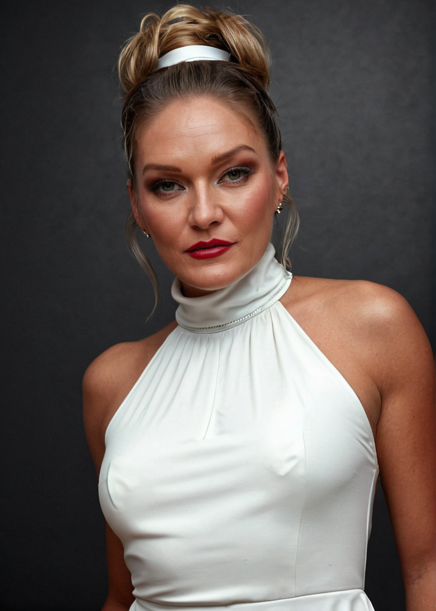 HDR photo of captivating masterpiece of an woman in a ((((white neckholder dress with turtleneck)))), long earrings, necklace, half body, ((The use of high-shine gloss adds a touch of glamour to the look)), ((while the deep red and black hues give it a dramatic vibe)), blurred background, studio ligthing, facing camera, shallow depth of field, <lora:MS_Subana_Grande_V1_SDXL:0.8>, High dynamic range, vivid, rich details, clear shadows and highlights, realistic, intense, enhanced contrast, highly detailed