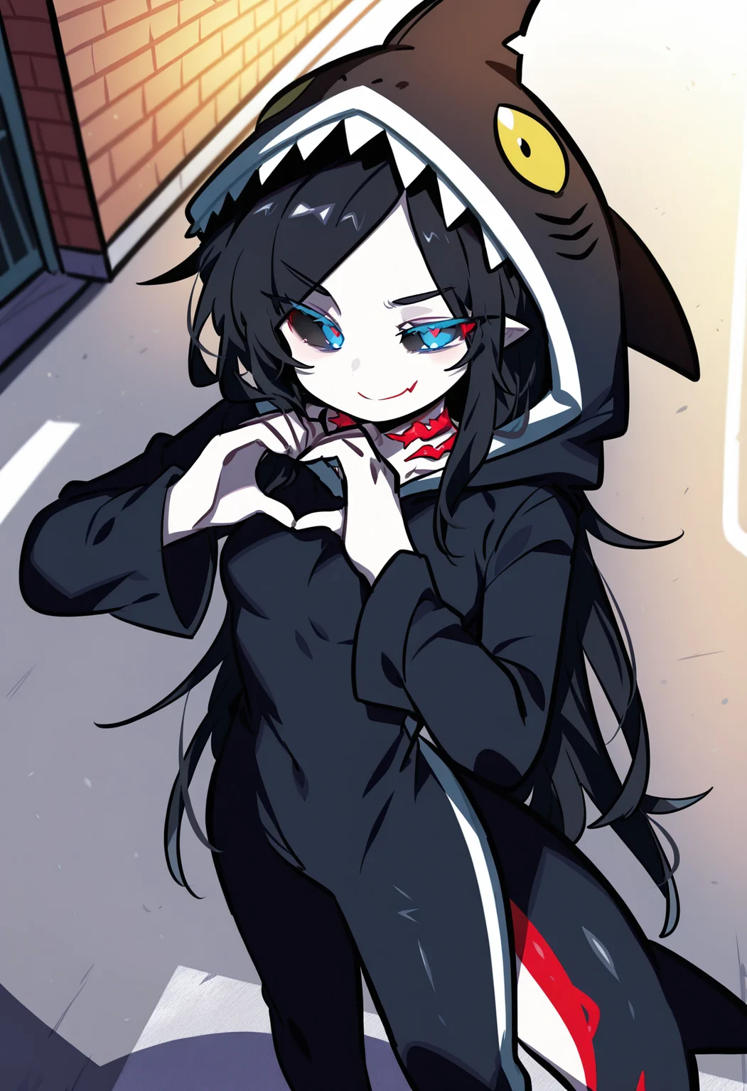 solo, 1girl, pointed ears, black hair, long hair, blue eyes, black sclera, colored skin, white skin, red gills on neck, small breasts,
fit and slim body, evil smile, closed mouth, fully clothed,
viev from above, standing, heart hands,
shark hood, animal hood,
street, day,
masterpiece,best quality,amazing quality, <lora:omoyunakyu715-_style_Illustrious:1>, omoyu_nakyu715,