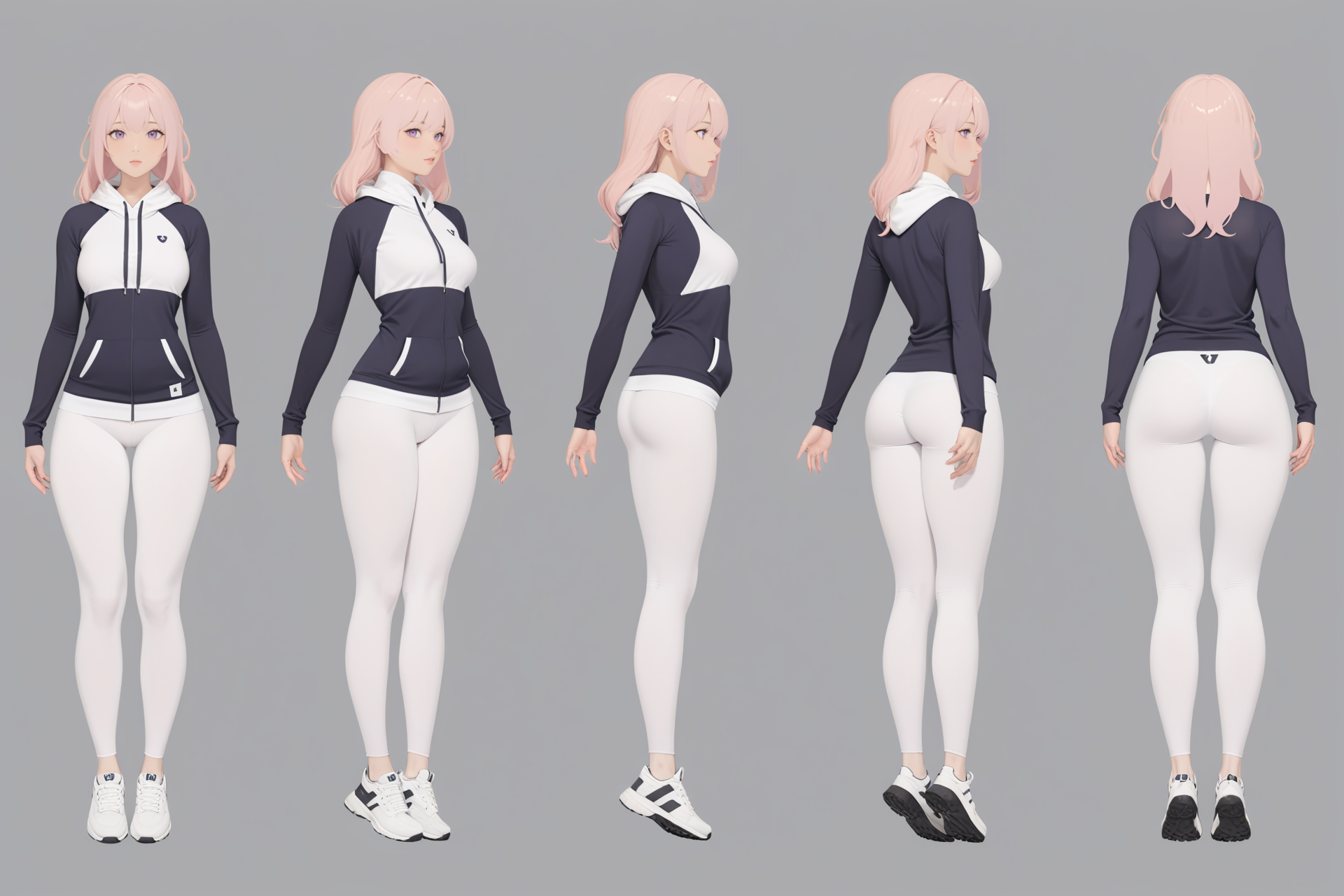 (GENERAL:0), 1girl, masterpiece, best quality, very aesthetic, absurdres, solo, standing,
(VIEWS:0),  full body character turnaround of 1girl,
Multiple views of the same character,  simple background, white background, multiple views, side view, back view, front view,
 hoodie, yoga pants, sneakers,
(hairLength:0), bald,
(hairTexture:0), pointy hair,
(hairstyles:0), twintails hair,
(haircolor:0), pink hair,
(bodyshape:0), Maternal build body,
(ethnic origin:0), Czech,
(skin color:0), Caramel Skin,
(eye color:0), violet eyes,
(theme:0), modern
theme character design,
<lora:BodyTurnXL_v1:.5>
<lora:ClothTurnXLRemix_v1-000004:.38>
<lora:ClothTurnXL_v1:0.38>
<lora:CharTurnXL_v2:0.1>
<lora:xl_more_art-full_v1:.25>,
<lora:Alphonse Mucha Style:.1>, Alphonse Mucha Style page
<lora:å½é£æç»SDXL:.1>