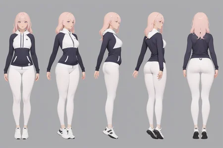 (GENERAL:0), 1girl, masterpiece, best quality, very aesthetic, absurdres, solo, standing,
(VIEWS:0), full body character turnaround of 1girl,
Multiple views of the same character, simple background, white background, multiple views, side view, back view, front view,
hoodie, yoga pants, sneakers,
(hairLength:0), bald,
(hairTexture:0), pointy hair,
(hairstyles:0), twintails hair,
(haircolor:0), pink hair,
(bodyshape:0), Maternal build body,
(ethnic origin:0), Czech,
(skin color:0), Caramel Skin,
(eye color:0), violet eyes,
(theme:0), modern
theme character design,
<lora:BodyTurnXL_v1:.5>
<lora:ClothTurnXLRemix_v1-000004:.38>
<lora:ClothTurnXL_v1:0.38>
<lora:CharTurnXL_v2:0.1>
<lora:xl_more_art-full_v1:.25>,
<lora:Alphonse Mucha Style:.1>, Alphonse Mucha Style page
<lora:å½é£æç»SDXL:.1>