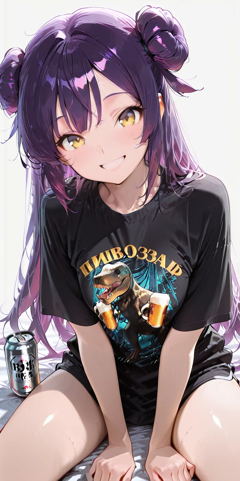 (masterpiece), (best quality), (ultra-detailed), (best illustration), (best shadow), (absurdres), (very aesthetic), 1girl, solo, <lora:ReinV2:1>, rein, purple hair, yellow eyes, long hair, hair buns, small breasts, <lora:ФÑÑболка_ÐивозавÑ__Beersaur_T-shirt_Clothing_for_Illustrious-000043:0.8>,b33rs4ur, t-shirt, shirt print, black shirt, smile, holding beer can, sitting on bed, simple background, looking at viewer