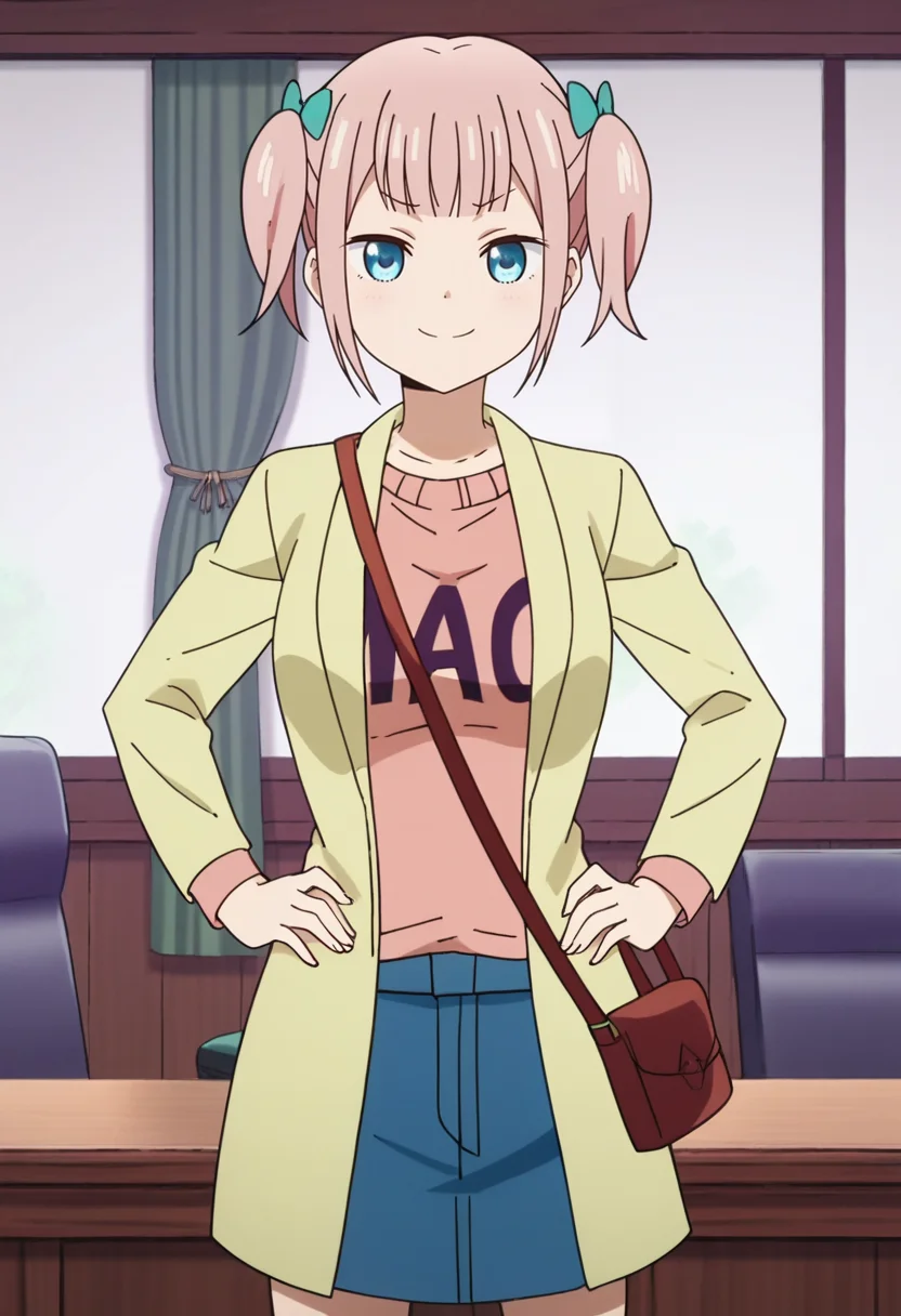 source_anime,anime screencap, anime coloring,intricate details,rating_safe, masterpiece, best quality,
(best quality, absurd res, ultra detailed),,(4 finger:0.5),1girl, ((solo)), good eyes,perfect eyes,,detailed eyes, zPDXLxxx , zPDXL3,detailed, detailed face
BREAK
solo,indoors,standing,front view, full body,hands on hips,
moeha, blue eyes, pink hair, short hair, twintails, hair bow, jacket, pink shirt, long sleeves, denim skirt, shoulder bag,
smug, smile, v-shaped eyebrows ,closed mouth,
, <lora:add-detail-xl:2>  <lora:moeha:0.8>