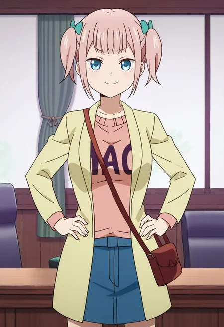 source_anime,anime screencap, anime coloring,intricate details,rating_safe, masterpiece, best quality,
(best quality, absurd res, ultra detailed),,(4 finger:0.5),1girl, ((solo)), good eyes,perfect eyes,,detailed eyes, zPDXLxxx , zPDXL3,detailed, detailed face
BREAK
solo,indoors,standing,front view, full body,hands on hips,
moeha, blue eyes, pink hair, short hair, twintails, hair bow, jacket, pink shirt, long sleeves, denim skirt, shoulder bag,
smug, smile, v-shaped eyebrows ,closed mouth,
, <lora:add-detail-xl:2> <lora:moeha:0.8>
