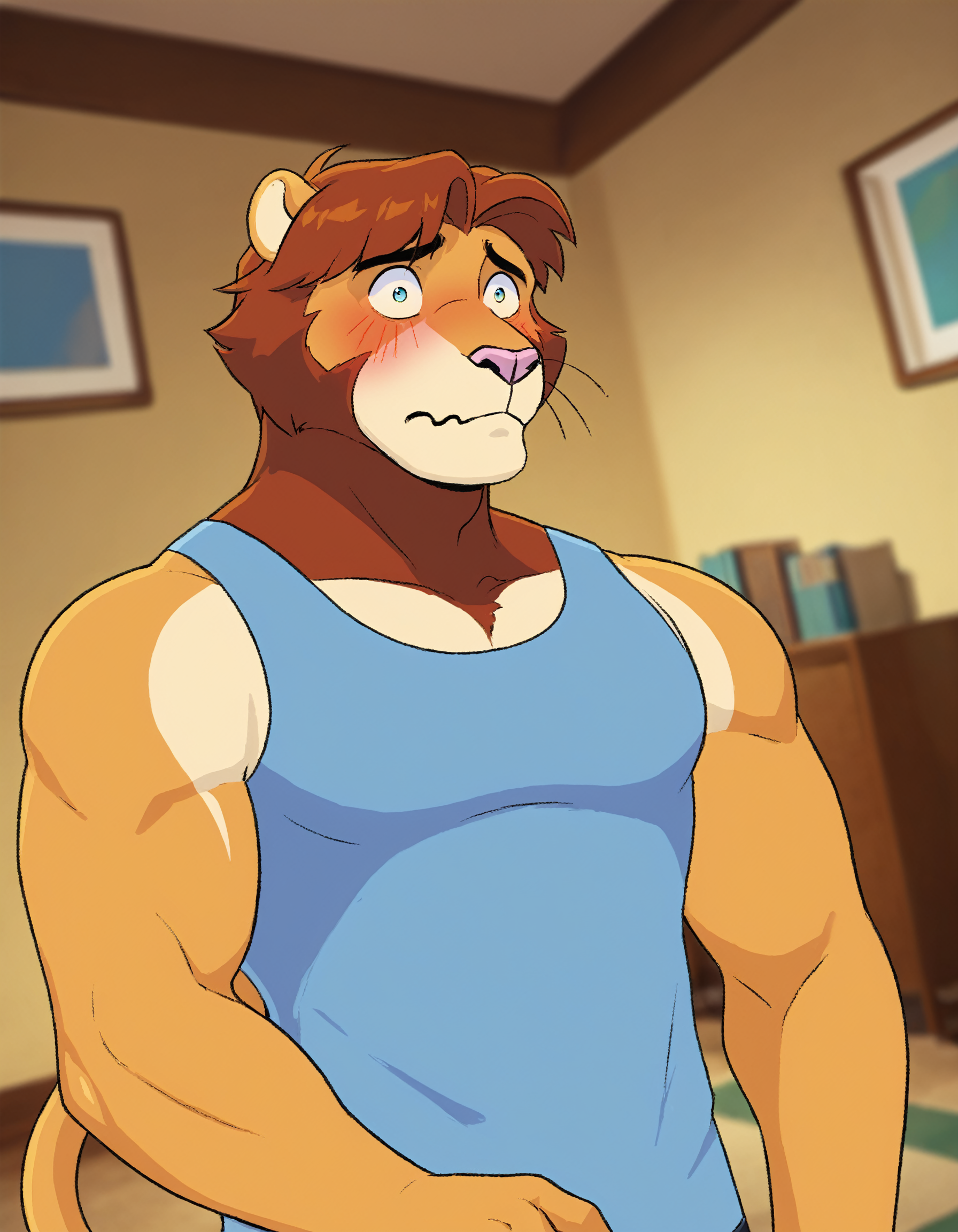 score_9, score_8_up, score_7_up, source_furry, rating_safe, BREAK  Tom, lion, blue tank-top, blush, wide eyes, embarrassed, thin lips, bara, closed mouth, upper-body focus,   detailed background, dutch angle, indoors, good lighting,  <lora:TomSA_PXL-05.safetensors:0.8>,