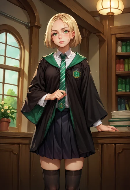 score_9, score_8_up,score_7_up, source_anime, rating_questionable, 1girl, solo, <lora:EPRobeSlytherinPDXL:1.0>, EPRobeSlytherin, wearing EPRobeSlytherin, black robe, green necktie, diagonal-striped necktie, white shirt, collared shirt, badge, wide sleeves, black skirt, pleated skirt, black legwear, kneehighs, ,detailed_background,indoors