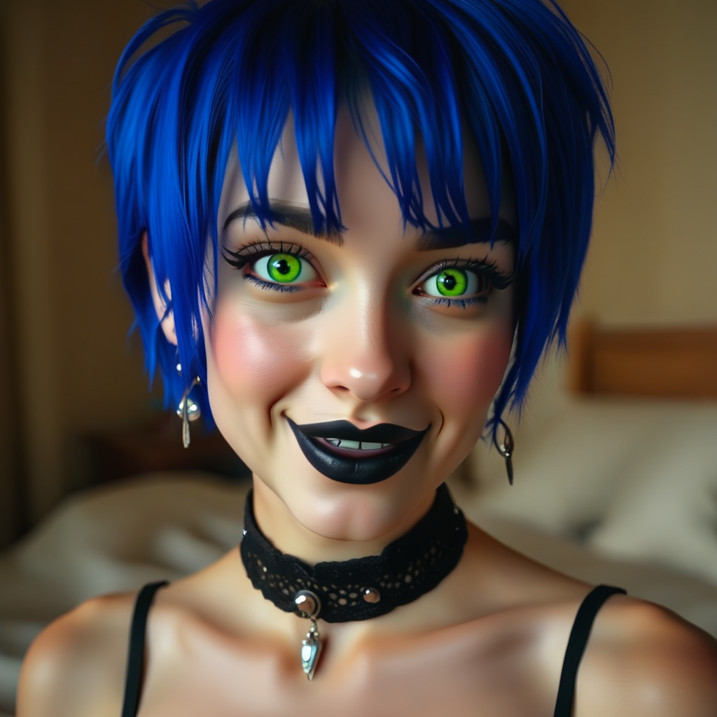 courtneystarr, portrait, face, close up portrait, in the bedroom, realistic, 3d, smooth, high details, masterpiece, 4k, smile, (blue hair), (short hair), (black choker), (black lips), (green eyes), (earrings), (makeup), (young woman), sexy, cute, 1girl, (pale skin)