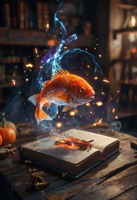 amazing quality, masterpiece, best quality, hyper detailed, ultra detailed, UHD, perfect anatomy, magic world), fish in the air, spell magic to get fresh fish as food,( fish jumping from magic book:1.3), energy flow, holding magic book, magic book on one hand, spell magic, <lora:add-detail-xl:1.0>, extremely detailed, <lora:glowneon_xl_v1:0.75> glowneon, glowing
