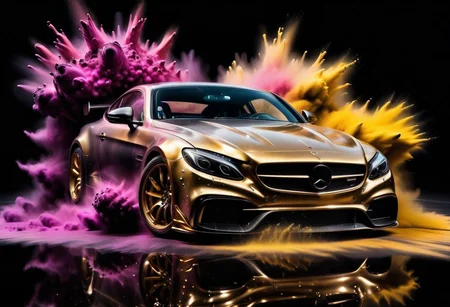 GOLD LIQUID METAL sports car, race car, racing through SILVER LIQUID METAL, liquid metal sprays up from the cars tyres, Car drifting in a black void, huge Colorful Powder Explosion above the car