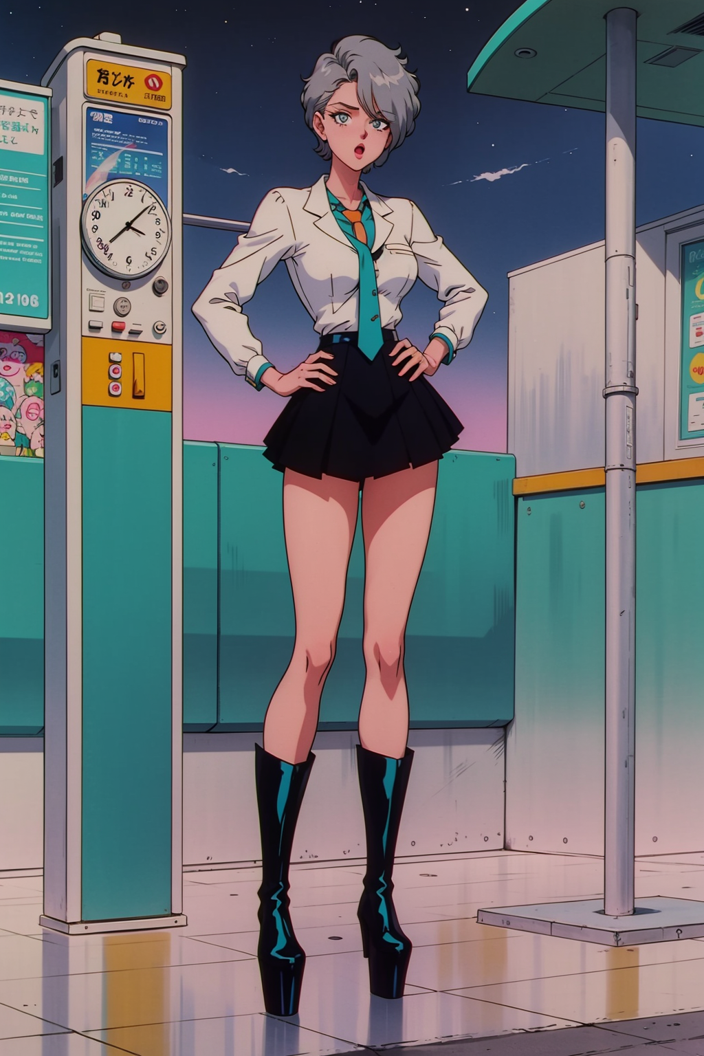 1girl, solo, odd numbers, bus stop, night, pray hand on hip, gray hair, short gray hair, hair over one eye, turquoise eyes, tall, necktie, skirt, splash guards, platform boots, small breasts, :o .<lora:EPTakeuchiNaokoStyle-03:1> EPTakeuchiNaokoStyle, 1990s \(style\), anime screencap, retro artstyle, anime coloring, traditional media