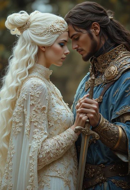 fantasy. a male warrior. sword in hand. standing in front of a beautiful princess. Princess standing in a transparent, elfin white dress. from face to face. eyes closed. complex patterns on the dress. white wavy long hair. blue eyes. goddess. love.
perfection style, vivid colors, colorful, focus on face, aidmaMJ6.1, hug, man with brown hair