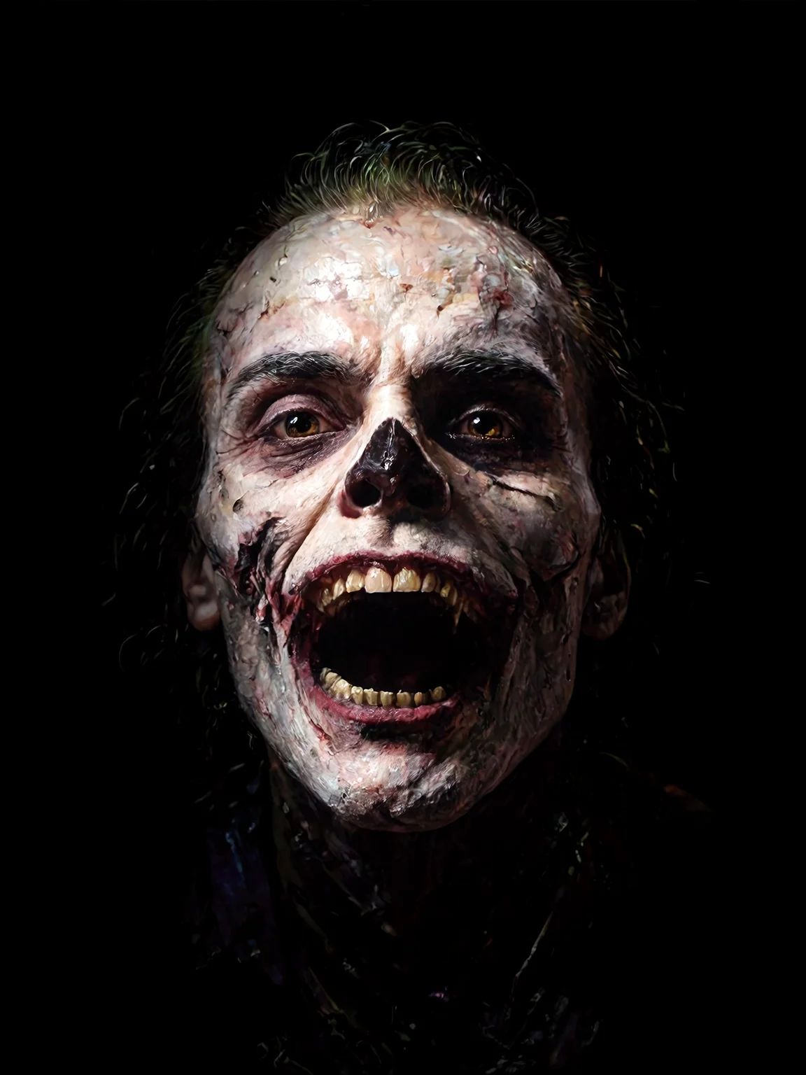 "The Dead Joker" is an ominouus portrait of the comic villain as an undead creature with enhanced skull like features that highlights his ironic smile and sinister demeanor,maniacal smile of a gaping maw,dark void background, rim lighting, dramatic shadows and lighting bring the image to life "The Dead Joker" is an ominouus portrait of the comic villain as an undead creature with enhanced skull like features that highlights his ironic smile and sinister demeanor,maniacal smile of a gaping maw,dark void background, rim lighting, dramatic shadows and lighting bring the image to life