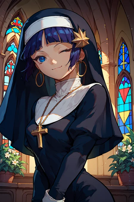 score_9, score_8_up, score_7_up, score_6_up, source_anime, 1girl, solo <lora:latlamirah-pdxl-nvwls-v1-000005:1> latla, dark blue hair, bob cut, short hair, blunt bangs, blue eyes, hair ornament, hoop earrings, nun outfit, veil, nun dress, looking at you, wink, indoors, church, smile