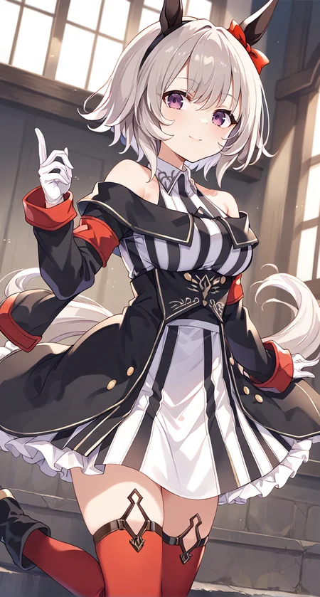 score_9,score_8_up,score_7_up,
official art,official style,game cg,megami magazine,
uncensored,
1girl,
crc race, curren chan (umamusume),
animal ears, bare shoulders, black coat, coat, gloves,
highres, horse ears, horse girl, horse tail, long sleeves,
off-shoulder coat, off shoulder, red legwear, short hair,
tail, white gloves, blush, ear covers, grey hair, hair between eyes,
red thighhighs, striped, thighhighs, violet eyes, black dress, boots, dress,
thigh-highs, ear ribbon, red ribbon, ribbon, white hair, black hairband,
bow, ear bow, hairband, red bow, off-shoulder dress, purple eyes,
striped clothes, striped dress, white dress, bangs, black jacket,
eyebrows visible through hair, jacket, vertical-striped dress, vertical stripes,
silver hair, collared dress, off-shoulder jacket, sleeveless, sleeveless dress,
standing,
<lora:umamusume_curren_chan_pony_v1.1:1>,