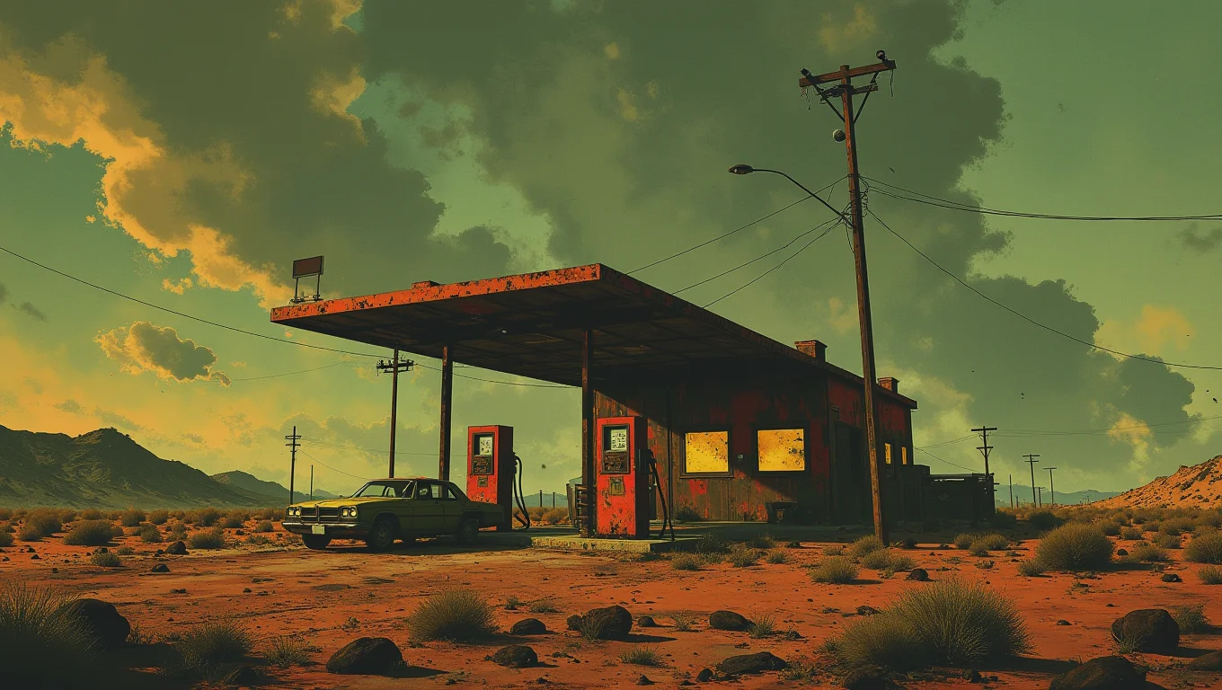 A lonely gas station in the middle of the desert, its pumps rusting and its windows broken. A single car is parked by the pumps, its driver slumped over the wheel. The scene is eerie, with only the distant howl of the wind breaking the silence
  <lora:Luminous_Shadowscape:0.6>