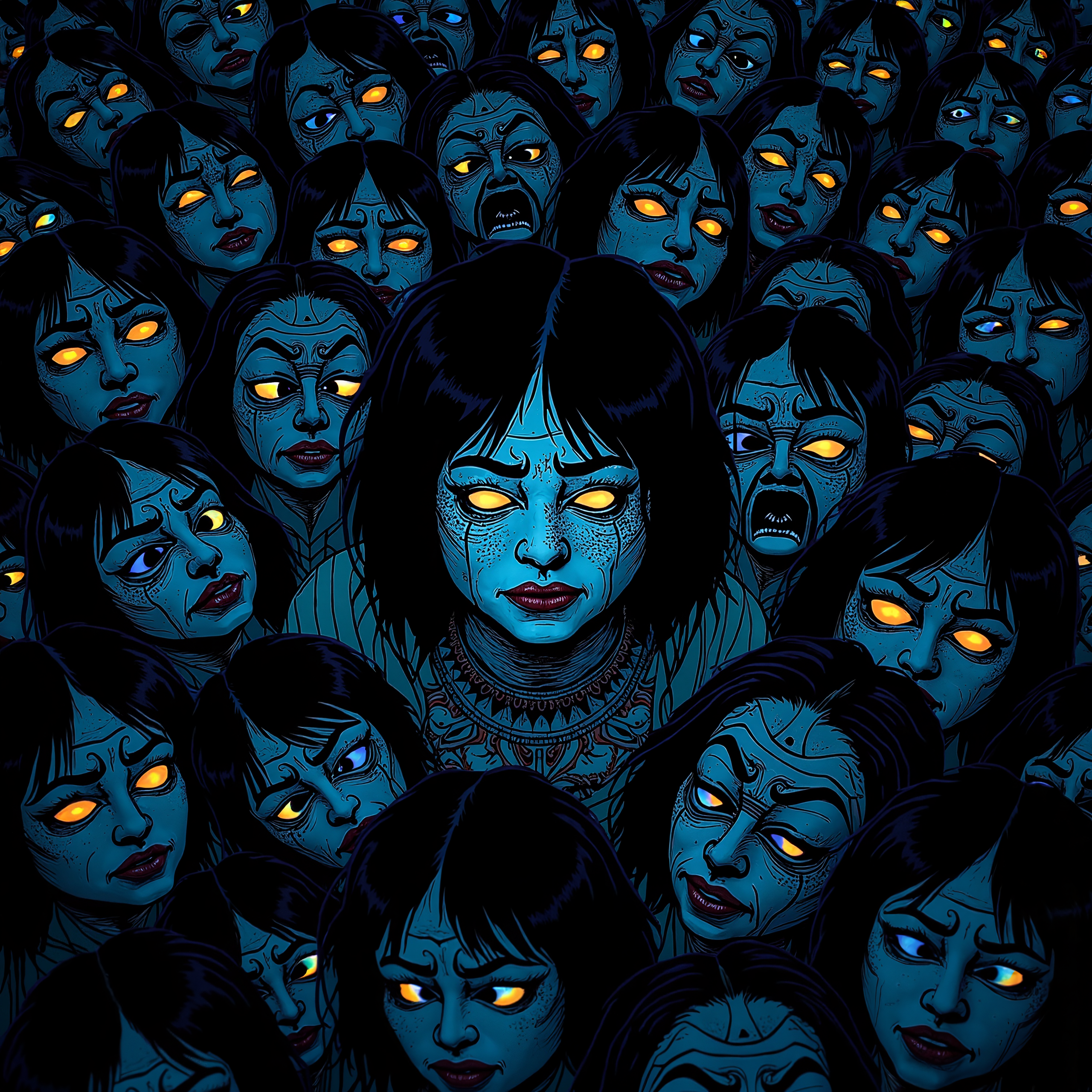 GLOW,intricate tetradic colors in every details,FLUORESCENT,asian woman, A dense agglomeration of stylized, meticulously crosshatched faces, their expressions vacillating between muted anguish and fervent cries. Rendered in stark monochrome, the image evokes a claustrophobic unease. The uniformity of their pallid visages, contorted in silent pleas or swallowed by the throng, suggests a collective experience of overwhelming despair or societal pressure. The lack of background further amplifies the sense of isolation and emphasizes the raw emotionality of the faces. A chilling commentary on human suffering, the composition is devoid of hope, leaving the viewer to contemplate the source and depth of their collective torment.