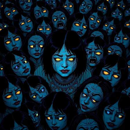 GLOW,intricate tetradic colors in every details,FLUORESCENT,asian woman, A dense agglomeration of stylized, meticulously crosshatched faces, their expressions vacillating between muted anguish and fervent cries. Rendered in stark monochrome, the image evokes a claustrophobic unease. The uniformity of their pallid visages, contorted in silent pleas or swallowed by the throng, suggests a collective experience of overwhelming despair or societal pressure. The lack of background further amplifies the sense of isolation and emphasizes the raw emotionality of the faces. A chilling commentary on human suffering, the composition is devoid of hope, leaving the viewer to contemplate the source and depth of their collective torment.