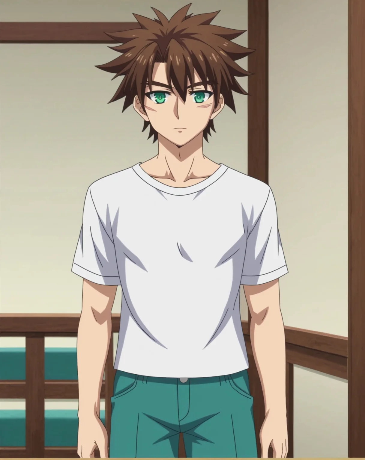 score_9, score_8_up, source_anime, anime screencap, original style, depth of field, BREAK, rating_safe, 1boy, solo, male focus, mature male,<lora:toujou_basara_pony:1>, toujou_basara_pony, brown hair, green eyes, short hair, hair between eyes, bangs, scar on cheek, spiked hair, cowboy shot, shorts, white shirt, expresionless, standing, looking at viewer, facing viewer, <lora:sdxl_lightning_8step_lora:1>