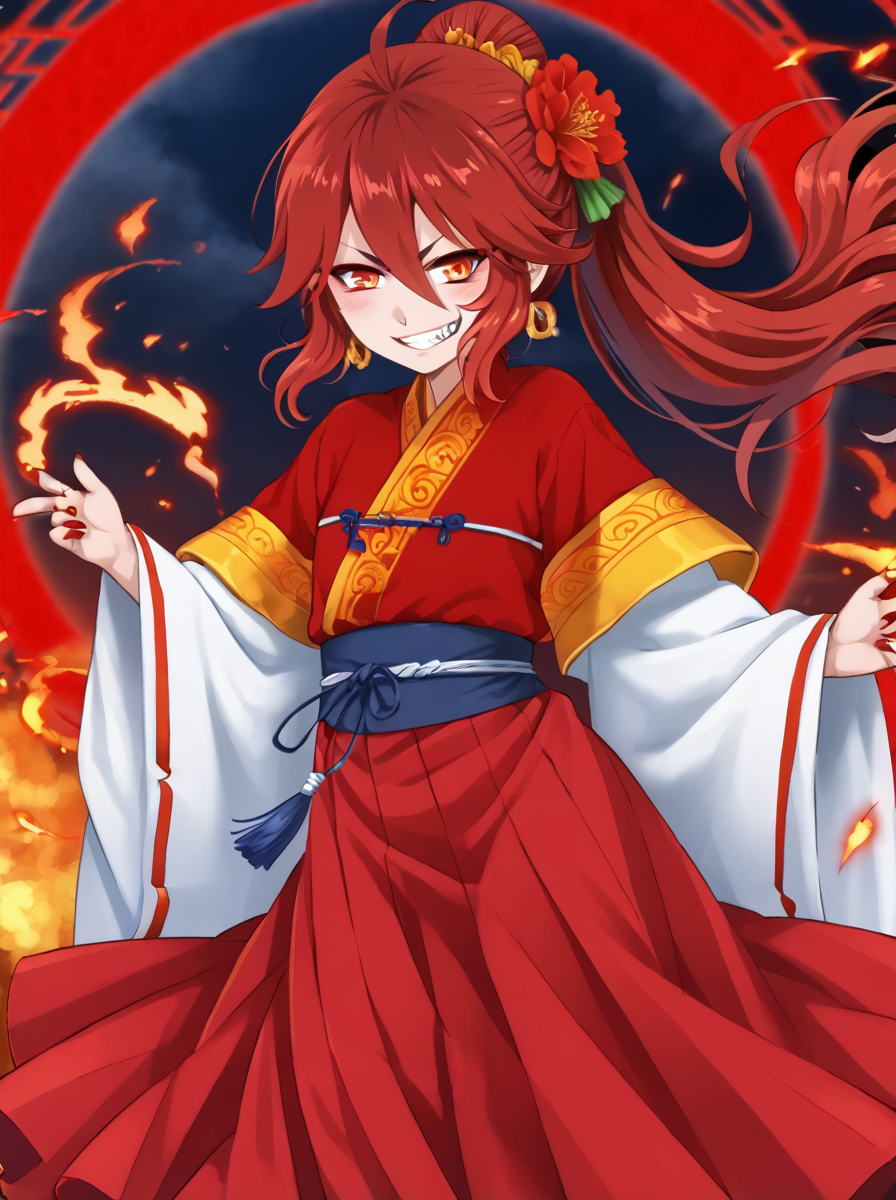 detailed background, shiny skin, posing, rating safe,
<lora:heiqing.pony:1.0>,
heiqing,
taisui,  
clothed girl, red hair, evil grin,