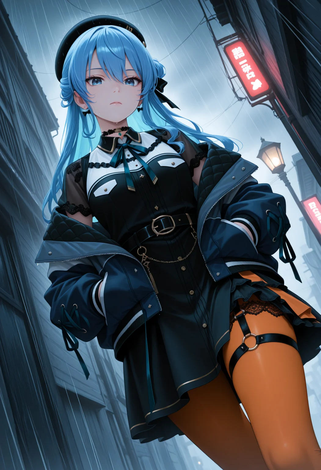 masterpiece, best quality, 1girl, solo, Su1se1Str, blue eyes, blue hair, long hair, half updo, black beret, black dress, collared dress, bow earrings, lace choker, neck ribbon, black belt, orange pantyhose, o-ring thigh strap, single garter strap, two sided jacket, off shoulder, hands in pockets, outdoors, looking down, street, looking at viewer, from below, expressionless, dutch angle, rain, storm, <lora:ChamHoshimachiSuiseiNoob:1>