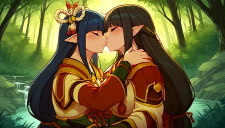 zPDXL,anime artwork score_9,score_8_up,score_7_up,2d,<lora:Iriedono_Style_PonyXL:1>,by iriedono,iriedono,<lora:Huffslove_Style_PonyXL:1>,by huffslove,huffslove,<lora:anime-detailer-xl:1.5>,<lora:Expressive_H-000001:1>,Expressiveh,(source_anime),raytracing,rating_questionable,rating_safe,
2girls,<lora:hinoa.pony:0.6>,hinoa,<lora:minoto.pony:0.6>,minoto,
outdoors,forest,scenery,
absurdres,
upper body,cute,attractive,
standing,hug,kiss,blush,
. anime style,vibrant,studio anime,highly detailed,