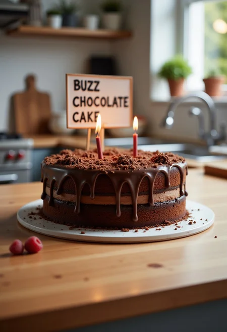 A huge birthday cute chocolate cake on a clean kitchen counter, a sign next to the cake it says "Buzz If It's Time For Chocolate Cake!", realistic, cinematic shot,