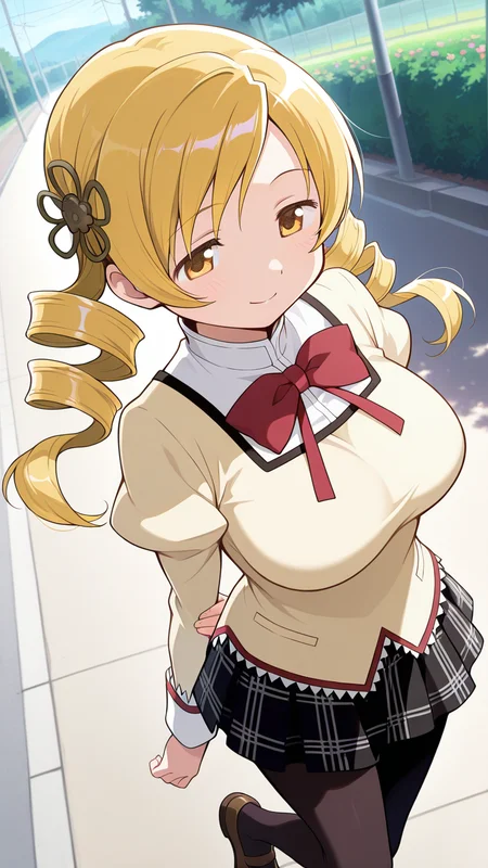 solo, smile, dynamic angle, outdoors,, masterpiece, best quality, amazing quality, very aesthetic, absurdres, newest, anime screencap, <lora:mamitomoeILM:1>, tomoe mami, yellow eyes, drill hair, twin drills, twintails, long hair, very long hair, blonde hair, hair ornament, breasts, large breasts, mitakihara school uniform, school uniform, red bow, red bowtie, flower hairpin, lace-trimmed shirt, yellow shirt, yellow sweater, mary janes, long sleeves, high collar, juliet sleeves, puffy sleeves, collared shirt, black skirt, plaid skirt, black pantyhose,