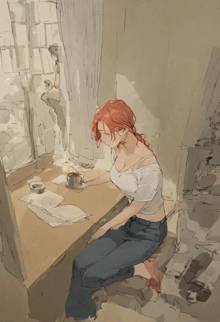 score_9, score_8_up, score_7_up,
full body portrait, (1 girl sitting in a Japanese room), red hair, torn jeans, cleavage, holding a cup of coffee, in an apartment, sitting on a couch, window behind her, 1boy, spiderman leaving through the window, new york city, hyperrealistic,
Expressiveh, Japanese Interior
