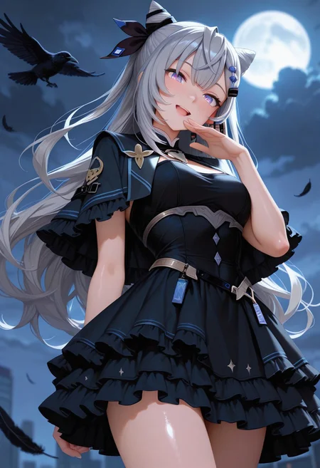 ultra realistic, masterpiece, high detailed skin, best quality, high res, very aesthetic, anime style, studio anime, source_ecchi, anime,blurry background, bright colors, stunningly artwork,(finely detailed face),
 (blurry background, depth of field:1.1), 
((Hololive,virtual youtuber, vestia zeta)),,
((sfw:2.0)), ((athletic figures)),(detailed face and eyes), (dramatic lighting), (glossy skin: 1.2), luxurious, night,(black dress, capelet, jewelry, falling feathers, crow, cloudy sky, smile, open mouth, head tilt, cowboy shot, from below, looking at viewer, frills, layered dress, dark clouds, hand to own mouth, standing)