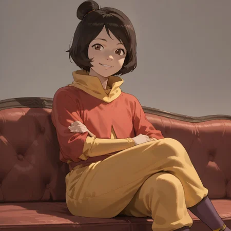 score_9, score_8, score_7, break, solo, jinora_k, 1girl, short hair, brown hair, single hair bun, brown eyes, monk clothes, sitting, crossed legs, sofa, looking at viewer, smile