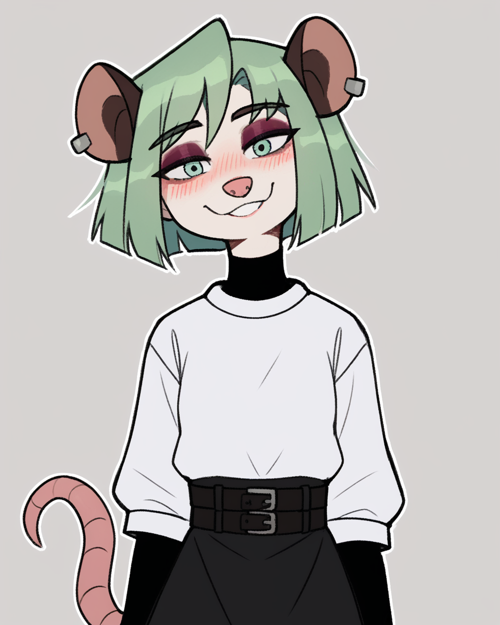 score_9_up, score_8_up, score_7_up, score_6_up, by remanedur, half-length portrait, small breasts, green hair, possum, black turtleneck, green eyes, eyeshadow, female, looking at viewer, tail, dress, blush, solo, ear piercing, short hair, smile, black footwear, belt, three-quarter view, head tilt, simple background, white outline, <lora:Leah_Pines(AIM)_XL_v1:0.15> <lora:PDXL_artist_tags_v2_big:0.5> <lora:The-Minuscule-Task_PDXL_v1.0:0.6> <lora:Nova_Nightingale_jopitr:0.75>