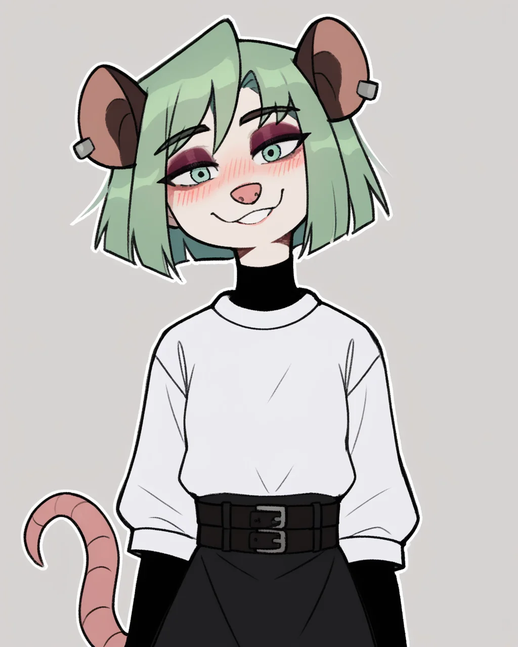 score_9_up, score_8_up, score_7_up, score_6_up, by remanedur, half-length portrait, small breasts, green hair, possum, black turtleneck, green eyes, eyeshadow, female, looking at viewer, tail, dress, blush, solo, ear piercing, short hair, smile, black footwear, belt, three-quarter view, head tilt, simple background, white outline, <lora:Leah_Pines(AIM)_XL_v1:0.15> <lora:PDXL_artist_tags_v2_big:0.5> <lora:The-Minuscule-Task_PDXL_v1.0:0.6> <lora:Nova_Nightingale_jopitr:0.75>