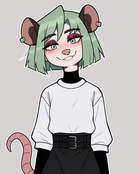 score_9_up, score_8_up, score_7_up, score_6_up, by remanedur, half-length portrait, small breasts, green hair, possum, black turtleneck, green eyes, eyeshadow, female, looking at viewer, tail, dress, blush, solo, ear piercing, short hair, smile, black footwear, belt, three-quarter view, head tilt, simple background, white outline, <lora:Leah_Pines(AIM)_XL_v1:0.15> <lora:PDXL_artist_tags_v2_big:0.5> <lora:The-Minuscule-Task_PDXL_v1.0:0.6> <lora:Nova_Nightingale_jopitr:0.75>